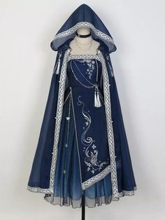 Dreamy Starry Night Dark Blue Butterfly Embroidery Long Dress + Cloak Set with Chains Dark Blue Fantasy Dress, Dark Blue And White Outfit, Moon Goddess Dress, Occasional Clothing, Night Sky Dress, Blue Butterfly Embroidery, Macbeth Play, Dark Blue Midi Dress, Dark Blue Butterfly