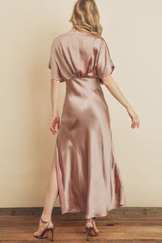 Satin kimono sleeve maxi dress featuring side slits. NOTE: If your size is not available, please register your email in EMAIL ME WHEN AVAILABLE link. Blouson Top, Maxi Jumpsuit, Satin Kimono, Mauve Dress, Satin Maxi, Satin Maxi Dress, Sleeve Maxi Dress, 70 Dress, Kimono Sleeve