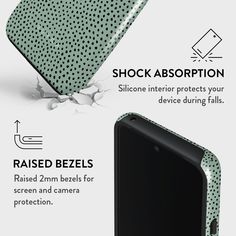 the back and side view of an iphone case with dots on it, showing how to use