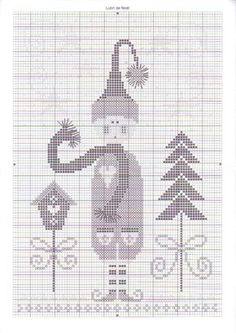 a cross stitch pattern with an image of a man holding a flower and two trees