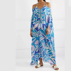 Brand: Emilio Pucci Material 100% Silk (Semi-Sheer Non-Stretchy) Intended To Be Worn Multiple Ways Color: Blue, Pink, White Size: 8 / 42 Made In Italy Approximate Measurements: Chest: 84" Waist: 86" Underarm: 12.5" Elastic Band To Hem: 50" Top Chain To Hem: 55" Condition: New Without Tags, Brand Tag Semi-Detached One Side, I Reattached, May Arrive Wrinkled. Elegant Silk Beach Cover-up Dress, Elegant Silk Maxi Dress For Beach Cover-up, Elegant Blue Maxi Dress For Beach Cover-up, Silk Kaftan Dress, Lace Kaftan, Pucci Vintage, Silk Kaftan, Semi Detached, Kaftan Dress