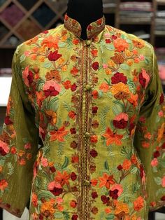 Jacket, Long Jacket, Embroidered Jacket for Woman, Kashmiri Jacket, Olive Green Kashmir Jacket, Bohe Elegant Long Sleeve Festive Jacket Dress, Elegant Long Sleeve Jacket Dress For Festive Occasions, Elegant Embroidered Festive Jacket Dress, Traditional Fall Sets With Stand Collar, Traditional Sets With Stand Collar For Fall, Elegant Floral Embroidered Kurta For Winter, Embroidered Fall Designer Wear Sets, Elegant Nehru Jacket With Resham Embroidery For Fall, Embroidered Fall Designer Sets