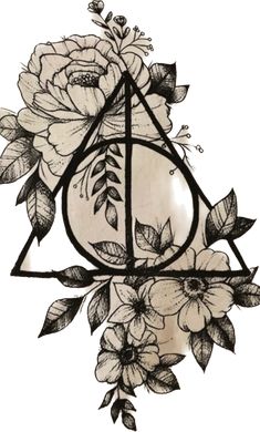 the deathly symbol with roses and leaves around it