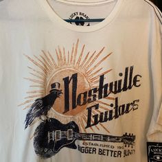 Nwt Lucky Brand “Nashville Guitars” Casual White T-shirt For Country Concerts, Camo Tee, Lucky Man, Light Blue Shorts, Spirit Shirts, Brand Shirts, Short Sleeve Pullover, Tour T Shirts, Branded Shirts