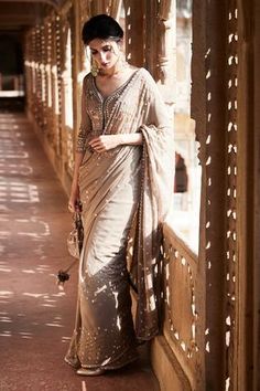 Shop for Matsya Grey Chanderi Silk Embroidered Saree With Blouse for Women Online at Aza Fashions Saree With Peplum Blouse, Anita Dongre Bridal, Anita Dongre Lehenga, Sabyasachi Bridal, Saree Jackets, Grey Saree, Anita Dongre, Embroidered Saree, Lehenga Collection