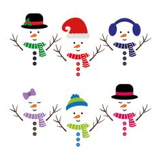 four snowmen wearing hats and scarves