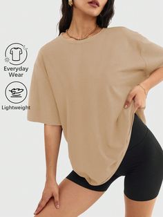 Women's Casual Oversized T-Shirts Summer Crewneck Short Sleeve Workout Basic Tee Tops Khaki   Short Sleeve Knitted Fabric Plain  High Stretch  Women Activewear, size features are:Bust: ,Length: ,Sleeve Length: Blouse Y2k, Tunic Tops Summer, Fashion Oversized, Oversize Casual, Oversized T Shirts, Legging Sport, Fitness Wear, Loose Fitting Tops, Basic Shirts