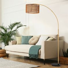 a living room with a couch, lamp and potted plants on the floor in front of it