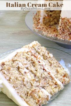 a slice of cake on a plate with the rest of the cake in the background