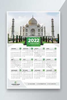 a white and green calendar with the image of a taj