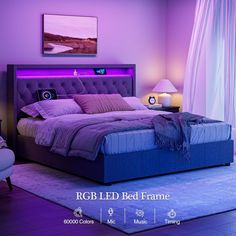 a bed with purple lighting in a bedroom