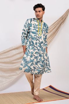 Ivory and blue full sleeves kurta with all over Noor bahar kalamkari print and mirror highlights on the placket. Paired with a pant. - Aza Fashions Cream Long Sleeve Kurta With Printed Motifs, Cream Long Sleeve Kurta For Transitional Season, Cream Long Sleeve Transitional Kurta, Off-white Long Sleeve Kurta With Dabka, Cream Cotton Traditional Wear With Long Sleeves, Cream Long Sleeve Kurta With Dabka, Long Sleeve Sherwani With Printed Motifs For Festivals, Festival Long Sleeve Sherwani With Printed Motifs, Cream Long Sleeve Cotton Traditional Wear