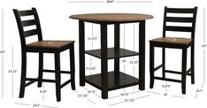 a table and two chairs are shown with measurements for the height of each chair in front of them