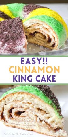 an easy cinnamon king cake is cut in half to show the inside and outside layers