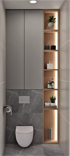 a bathroom with a toilet and shelves in it