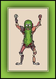 a pixelated image of a man with a pickle on his chest and arms in the air