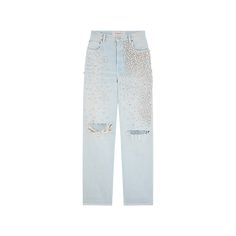 Golden Goose "Kim" jeans in distressed, bleached denim with crystal embellishments High rise Five-pocket style Relaxed, straight legs Cropped at the ankle Button/zip fly; belt loops Cotton Lining: Linen Dry clean Made in Italy Luxury Straight Leg Jeans For Spring, Crystal Embellished Denim Jeans, High Rise Embellished Denim Jeans, Embellished High Rise Denim Jeans, Bleached Jeans, Jeans Store, Bleached Denim, Golden Goose Deluxe Brand, Golden Goose