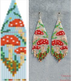 beaded earrings with mushrooms and trees on them