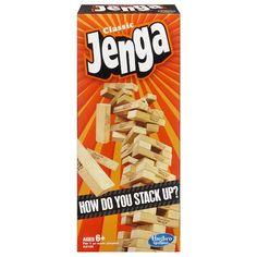 an unopened box of jengga with the word how do you stack up?