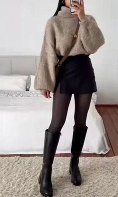 casual Korean fall outfit: cozy sweater + black mini skirt + long boots Boot Office Outfit, Asymmetrical Sweater Outfit, Canada Outfit Ideas, Cold Night Outfit, Hockey Game Outfits For Women, Canada Outfits, Hockey Outfit, Vinter Mode Outfits