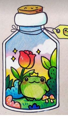 a drawing of a frog in a jar