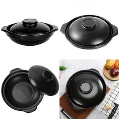 four different views of pots and pans on a table