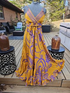 "This is a beautiful empire waist maxi dress , one of a kind handcrafted from vintage silk . Has a V neck , adjustable straps and smocked at the back . Measurement (appx): Bust:  36 \" with elastic waist stretch upto 42\" Height: 56 \"( measured from the shoulder line to the bottom ) ONE size fits most from S to L ,please refer to the measurements before purchasing . Has a tie by the bust for a chic look . Thank you looking , stay safe !" Casual Tie-back Floor-length Maxi Dress, Flowy Bohemian Dress With Empire Waist, Bohemian Empire Waist Maxi Dress For Vacation, Bohemian Empire Waist Maxi Dress For Beach, Bohemian V-neck Maxi Dress With Smocked Back, Bohemian Maxi Dress With Empire Waist For Vacation, Bohemian Maxi Dress With Smocked Bodice For Casual Wear, Bohemian Maxi Dress With Tie Back, Bohemian Floor-length Maxi Dress With Tie Back