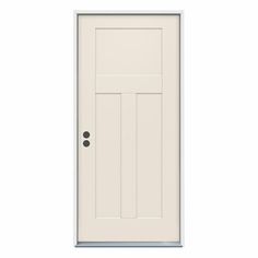 a white door with two black knobs on the front and side panels, against a white background