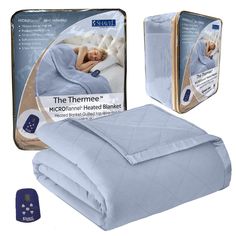 thermo micro - plush heated blanket with remote control and instructions for use in bed