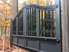 an iron gate in the middle of a leafy area with trees and leaves on the ground