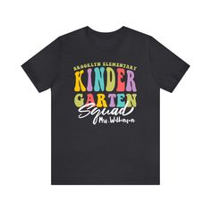 a black t - shirt with the words kinder garden written in multicolored letters