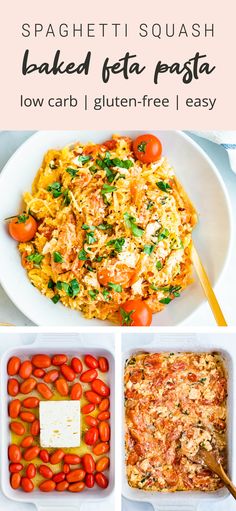 the ingredients to make baked feta pasta are shown in separate photos and text below