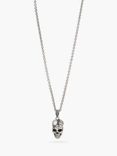 Silver Distressed Skull Necklace - John Varvatos Sterling Silver Skull Jewelry With Polished Finish, Gothic Silver Necklace With Skull Print, Silver Oxidized Skull Necklace, Mens Sterling Silver Jewelry, Mens Designer Jewelry, Skull Pendant Necklace, Style Rock, Skull Necklace, Skull Pendant