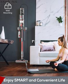 a woman sitting on a yoga mat in front of a living room with the words enjoy smart and convenient life