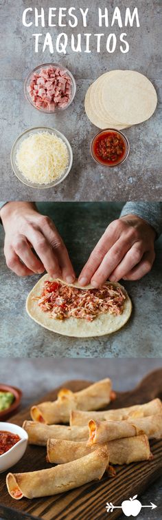 the process of making cheesy ham taquitos is shown in three different stages