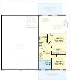 the first floor plan for a house with an attached garage and living room, as well as