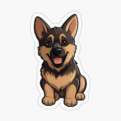 a brown and black dog sitting down with its tongue out sticker on the side