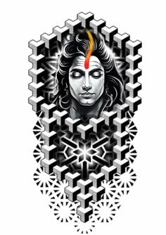 the face of lord rama with an orange flame in his forehead, surrounded by snowflakes