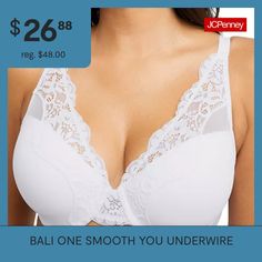 COMFORT WHERE IT COUNTS: Say hello to super soft lace that provides all-day comfort with our One Smooth U comfort stretch lace underwire bra. Along with superb support, this underwire bra has soft stretch lace at the neckline that smoothly follows your contours without gaps for a flexible fit. The built-up back and sides of this lace-trimmed bra give you even more smoothing for a sleek look all around. Even better, you'll love the smooth cups and the convertible, adjustable straps that give you… Bras Lace, Coverage Bras, Lace Underwire, Full Coverage Bra, Full Figured, Sleek Look, Stretch Lace, Underwire Bra, Lace Bra