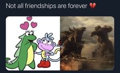 two pictures with dinosaurs and the caption that says, not all friends are forever