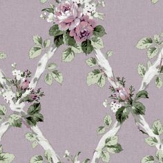 a floral wallpaper with pink flowers and green leaves on a lilac background,