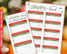 two christmas reward cards with the words, holiday fund and fast money round on them