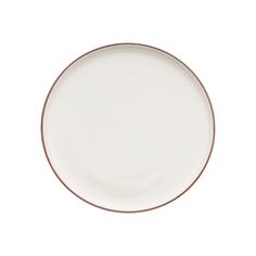 an empty white plate with brown trim on the rim, against a white background that is flat