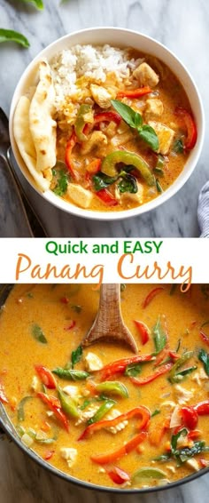 two pictures with different types of food in them and the words quick and easy panang curry