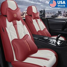 the interior of a car with red and white leather seats in front of an american flag background