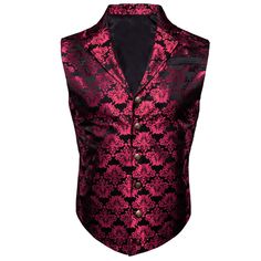 Black Ruby Red Jacquard Floral Silk Suit Vest Gothic Tuxedo, Red Suit Vest, Red And Black Victorian Suit, Red Waistcoat Men, Luxury Red Formal Vest, Red Embroidered Sleeveless Vest, Victorian Vest, Vest Tuxedo, Bow Tie Pants