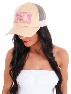 Yeehaw meets style in our Boot Bow Cowgirl Trucker Hat! This quirky hat features cowboy boots with bows that will make any cowgirl stand out. Perfect for a playful and fashionable look. Giddy up and grab one today! Spring Rodeo Cap Hat, Fun Spring Rodeo Hats, Summer Country Trucker Hat With Curved Brim, Spring Rodeo Trucker Hat, Summer Country Style Trucker Hat With Curved Brim, Country Style Summer Trucker Hat With Curved Brim, Trendy Short Brim Trucker Hat For Spring, Country Style Curved Brim Trucker Hat For Summer, Trendy Fitted Trucker Hat With Curved Brim