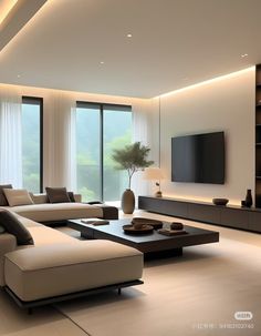 a modern living room with large windows and a tv mounted to the side of the wall