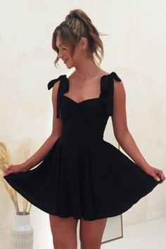 Amara Skater Mini Dress | Black Mini Dresses Wedding Guest, Short Dresses For Wedding Guests, Black A-line Dress, Black 8th Grade Graduation Dresses, Short Black Graduation Dresses, Black Over The Shoulder Dress, Cute A Line Dresses, Cute Mini Prom Dresses, 8th Grade Graduation Dresses Black