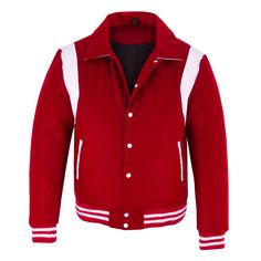 Classic Varsity Letterman Baseball Red Wool With White Single Leather Strip Jacket If your required Size & Color Combination is not listed then please contact with us We will respond you as soon as possible the estimated time is 12 Hours, All Sizes & Color Combinations are Available. The quality of the varsity jacket is the finest in the field. 100% high quality Wool. A fine quilt lining with Wool trimmed inside pocket are all part of the complete package. Each varsity jacket design is faithfull Baseball Collage, College Jacket, School Jacket, College Jackets, Retro Sports, Teddy Jacket, Letterman Jacket, Satin Jackets, Red Wool